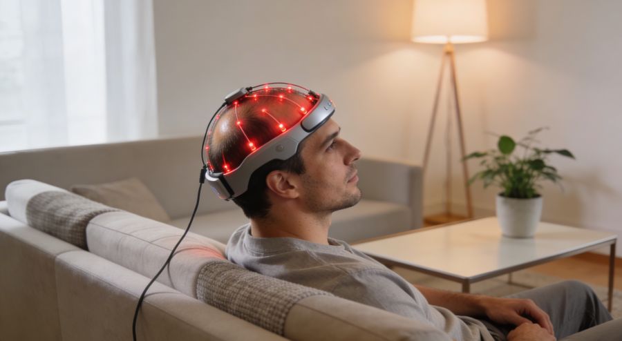 Man in his early 30s sitting on a sofa at home, wearing a red‑light LLLT laser cap to treat mild hair thinning on the crown