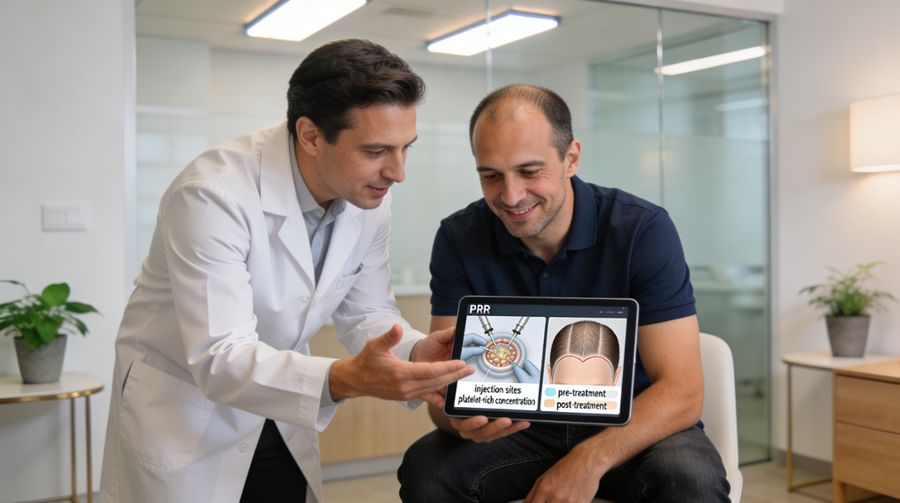 Man in his late 30s discussing a combined PRP and hair transplant treatment plan with a doctor in a modern clinic
