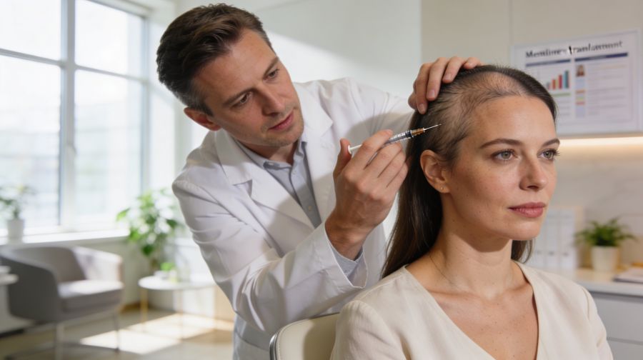 Woman in her mid 30s receiving mesotherapy injections for hair loss from a doctor in a modern hair restoration clinic