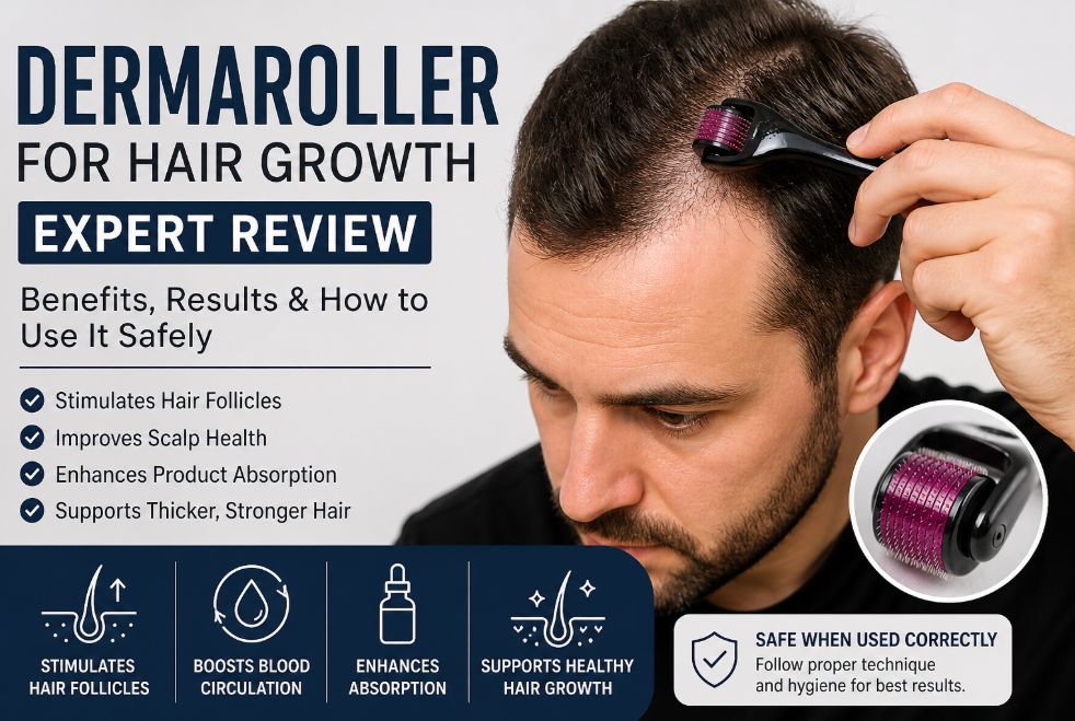 Dermaroller for hair growth being used on thinning scalp with highlighted benefits including improved circulation, follicle stimulation, and enhanced product absorption