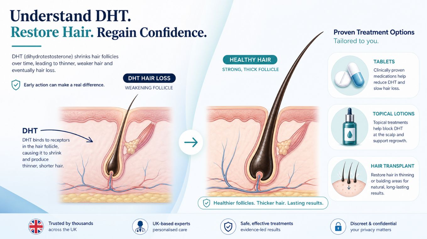 Illustration showing how DHT shrinks hair follicles on the left and healthier, thicker hair follicles after treatment on the right, with icons for medication, topical lotion and hair transplant on a clean blue and teal background for a UK hair loss guide