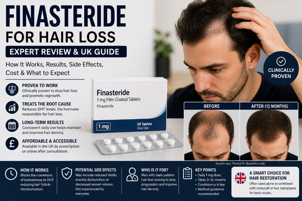 Finasteride for hair loss infographic showing medication tablets, how it works, benefits, side effects, and before and after hair regrowth results over 12 months