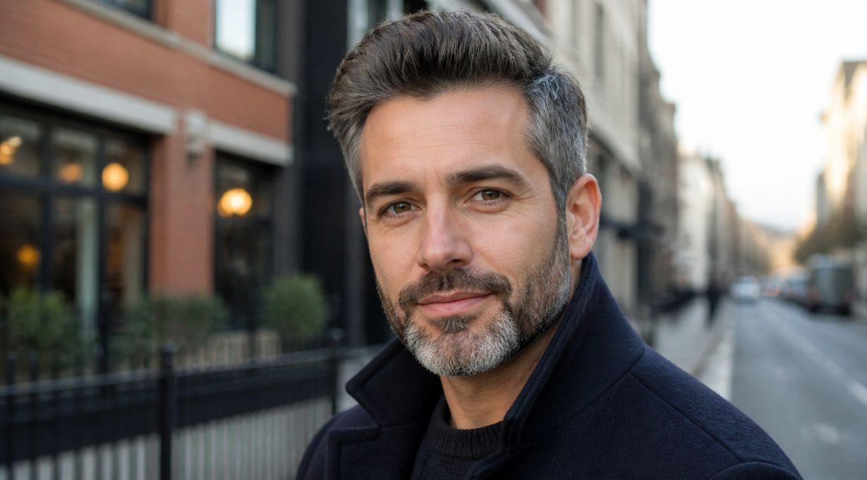 Close up of a man with early grey hair and a neatly groomed beard outdoors in an urban UK setting