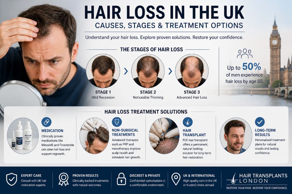 Hair loss in the UK infographic showing stages of male pattern baldness, causes, and treatment options including medication, non-surgical therapies, and hair transplant solutions