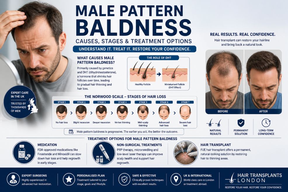 Male pattern baldness infographic showing Norwood scale stages, causes like DHT, receding hairline progression, and treatment options including medication and hair transplant before and after results