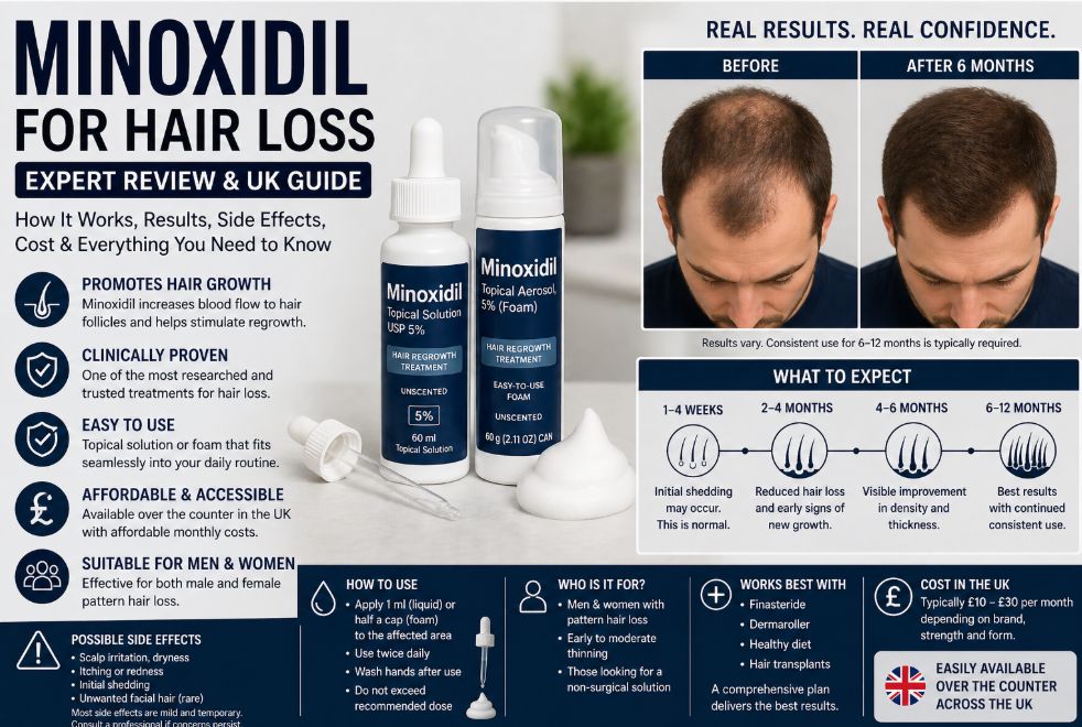 Minoxidil for hair loss infographic showing topical solution and foam, benefits, usage guide, timeline of results, and before and after hair regrowth over six months