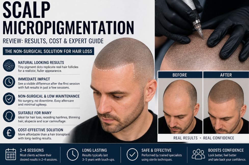 Scalp micropigmentation treatment showing before and after results with natural hairline effect, highlighting non-surgical solution for hair loss and improved scalp density