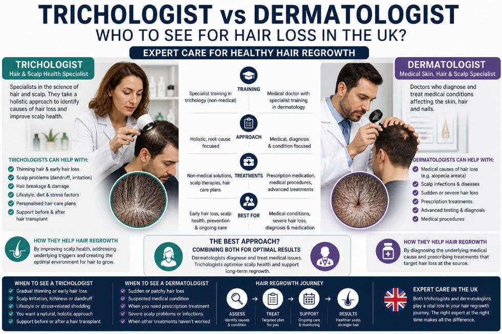 Trichologist vs dermatologist infographic comparing roles, treatments, and how each specialist helps with hair loss diagnosis and hair regrowth in the UK